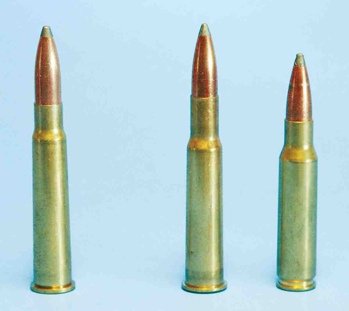 The U.S. Army semi-copied the .303 British (left) when developing the .30-40 Krag (center), but gave the .30-40 a much longer neck. However, in 1920, the very short-necked .300 Savage appeared (right), which almost matches the powder capacity of the .303 and .30-40.
